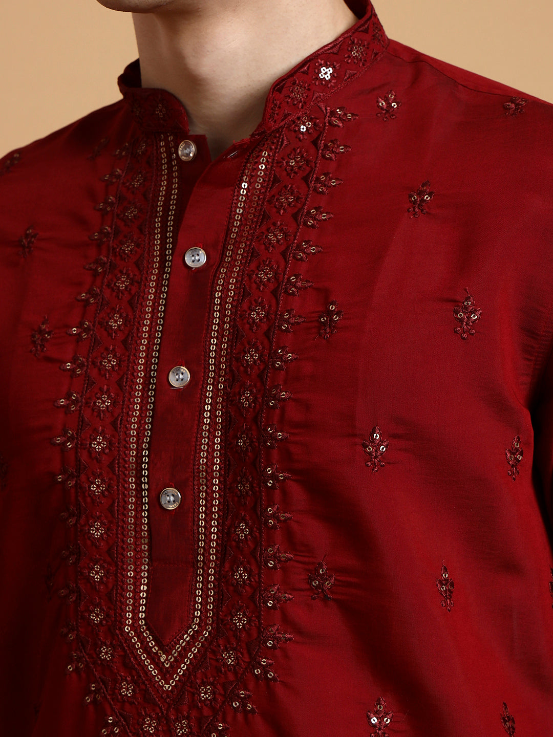 Mens Maroon Thread & Mirror Work Modal Silk Kurta