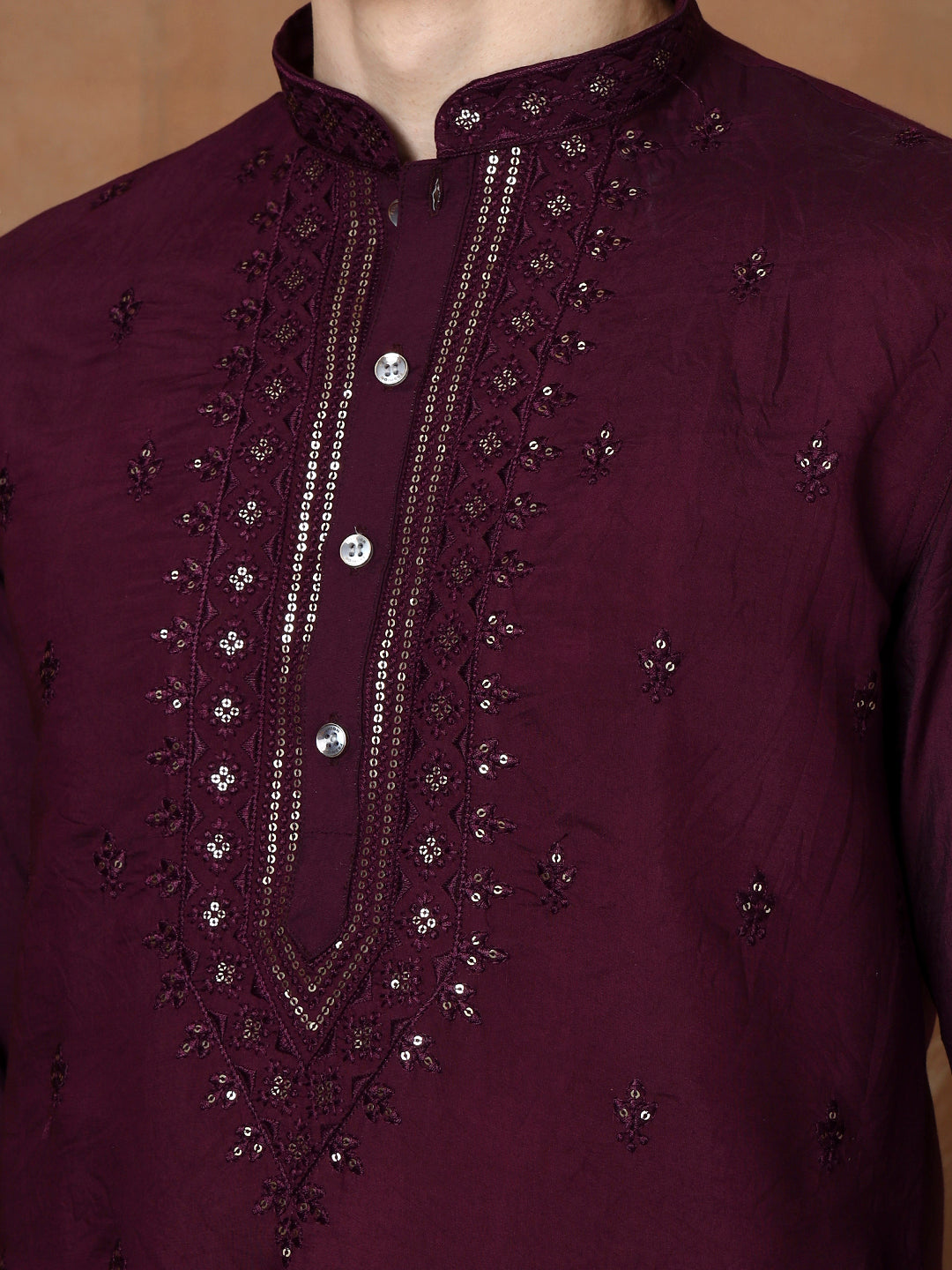 Mens Purple Thread & Mirror Work Modal Silk Kurta