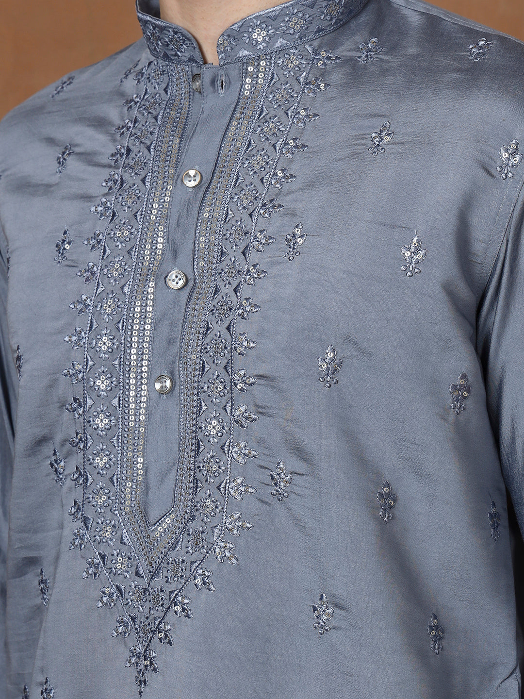 Mens Grey Thread & Mirror Work Modal Silk Kurta
