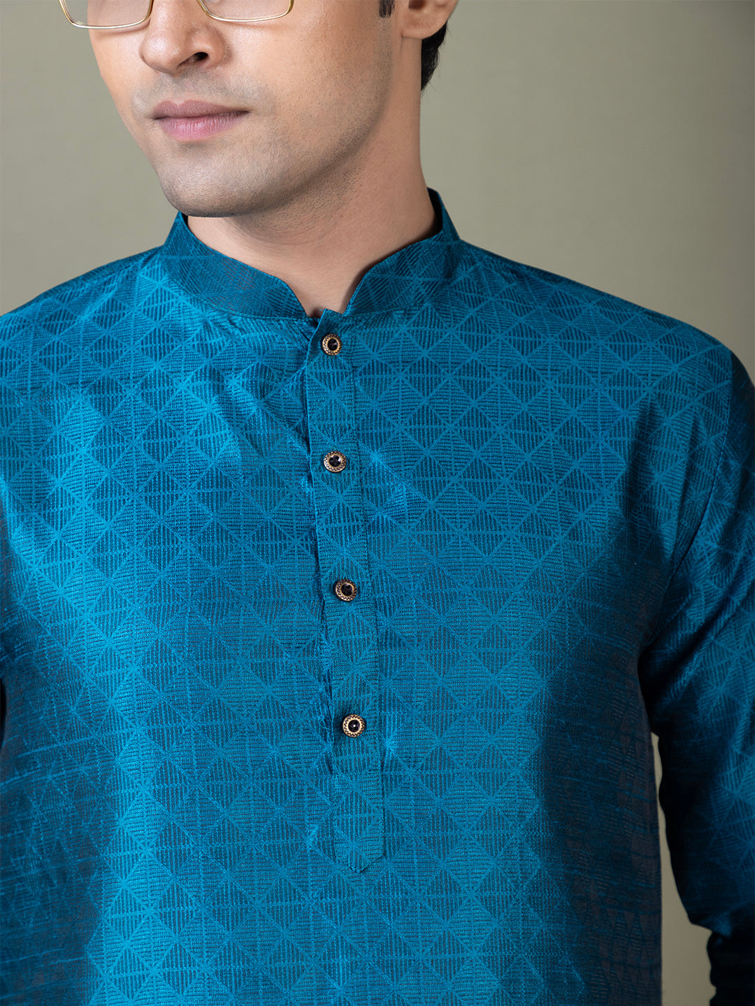 Mens Turquoise Blue Self Design Jacquard Kurta
