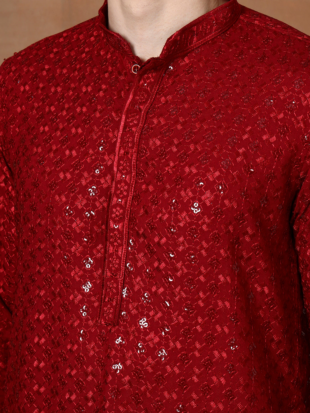 Mens Red Sequins Work Viscose Rayon Kurta