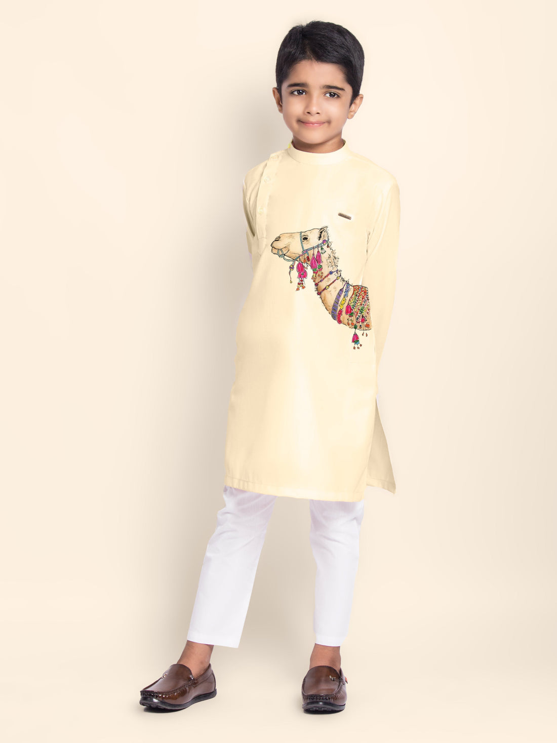 Boys Beige Printed Kurta