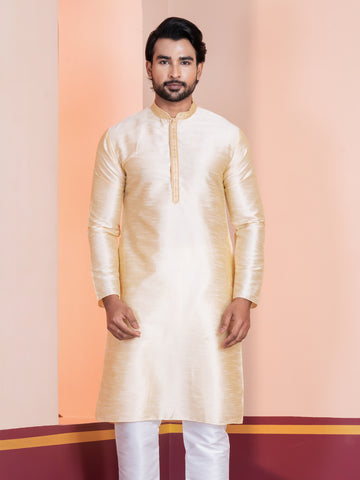 Mens Beige Embroidered Art Silk Kurta