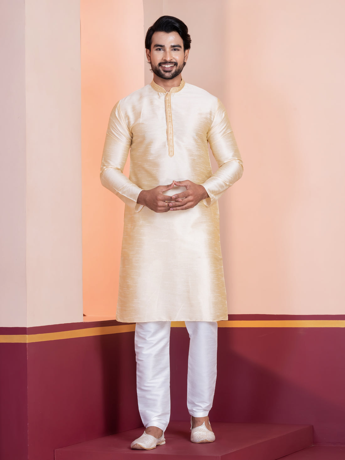 Mens Beige Embroidered Art Silk Kurta