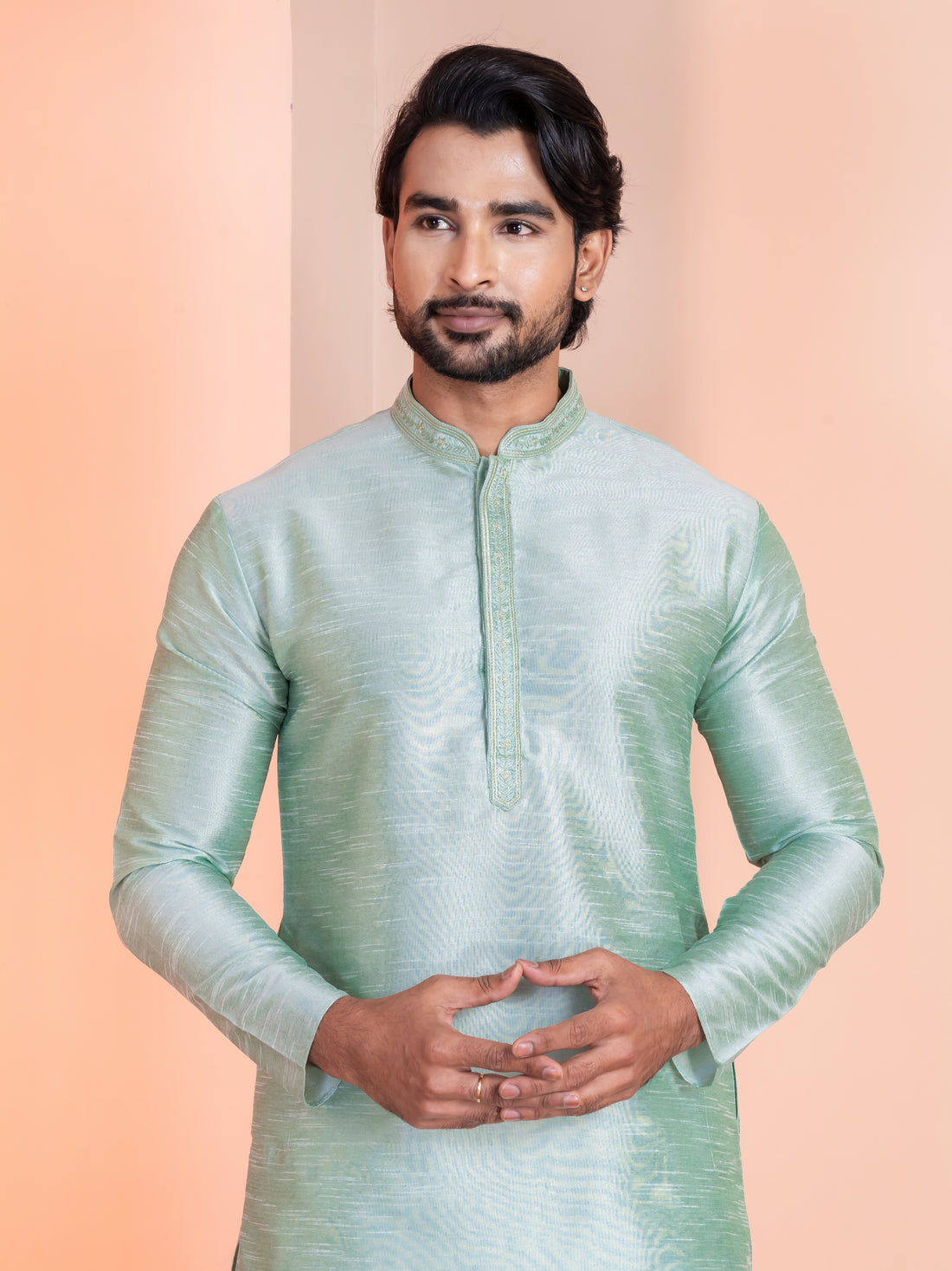 Mens Green Embroidered Art Silk Kurta