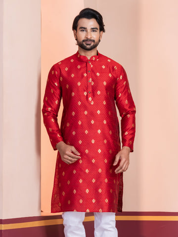 Mens Red Motif Embroidered Jacquard Kurta