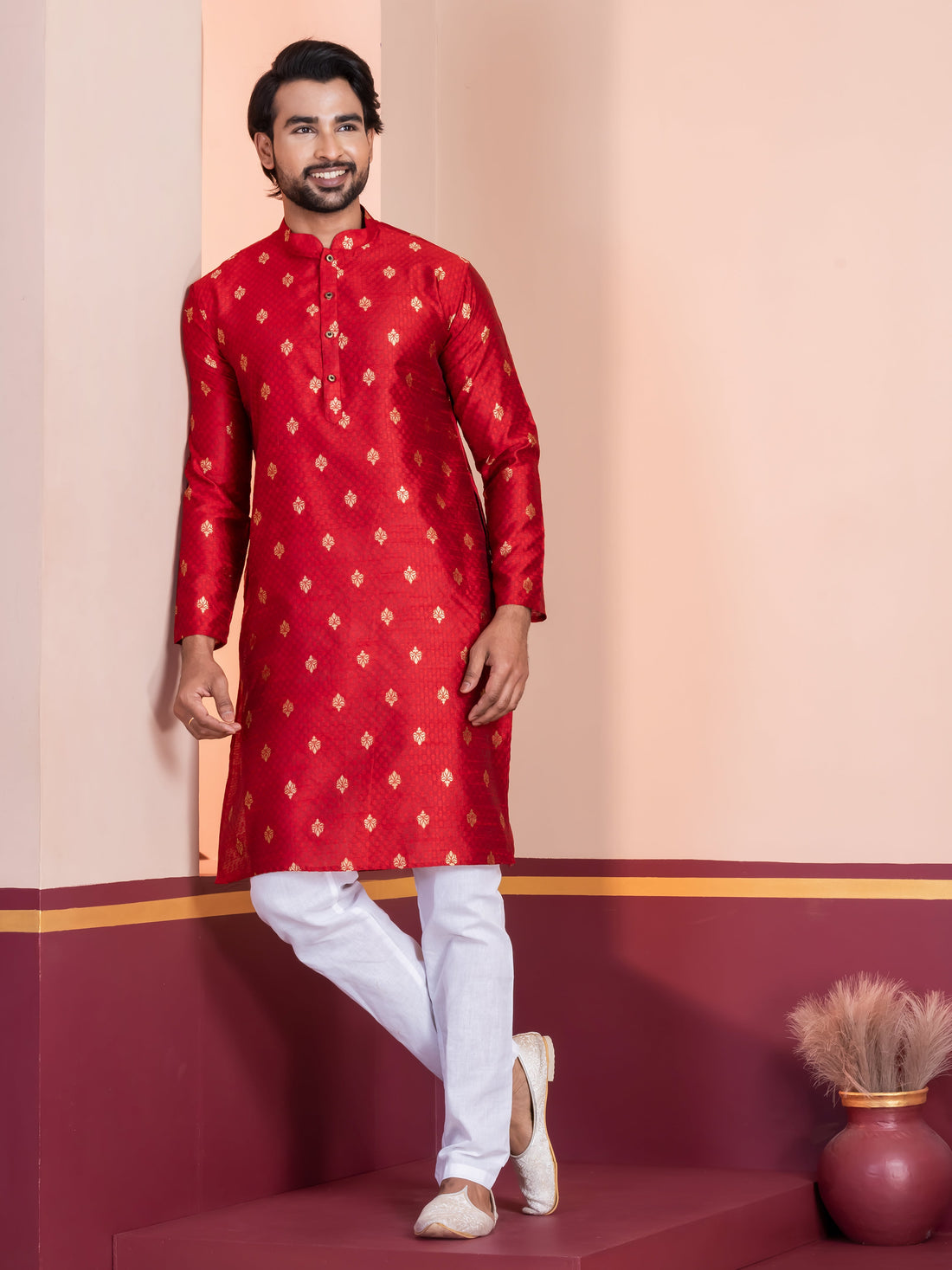 Mens Red Motif Embroidered Jacquard Kurta