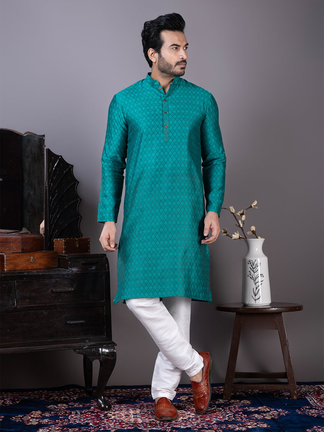 Mens Green Self Design Jacquard Kurta