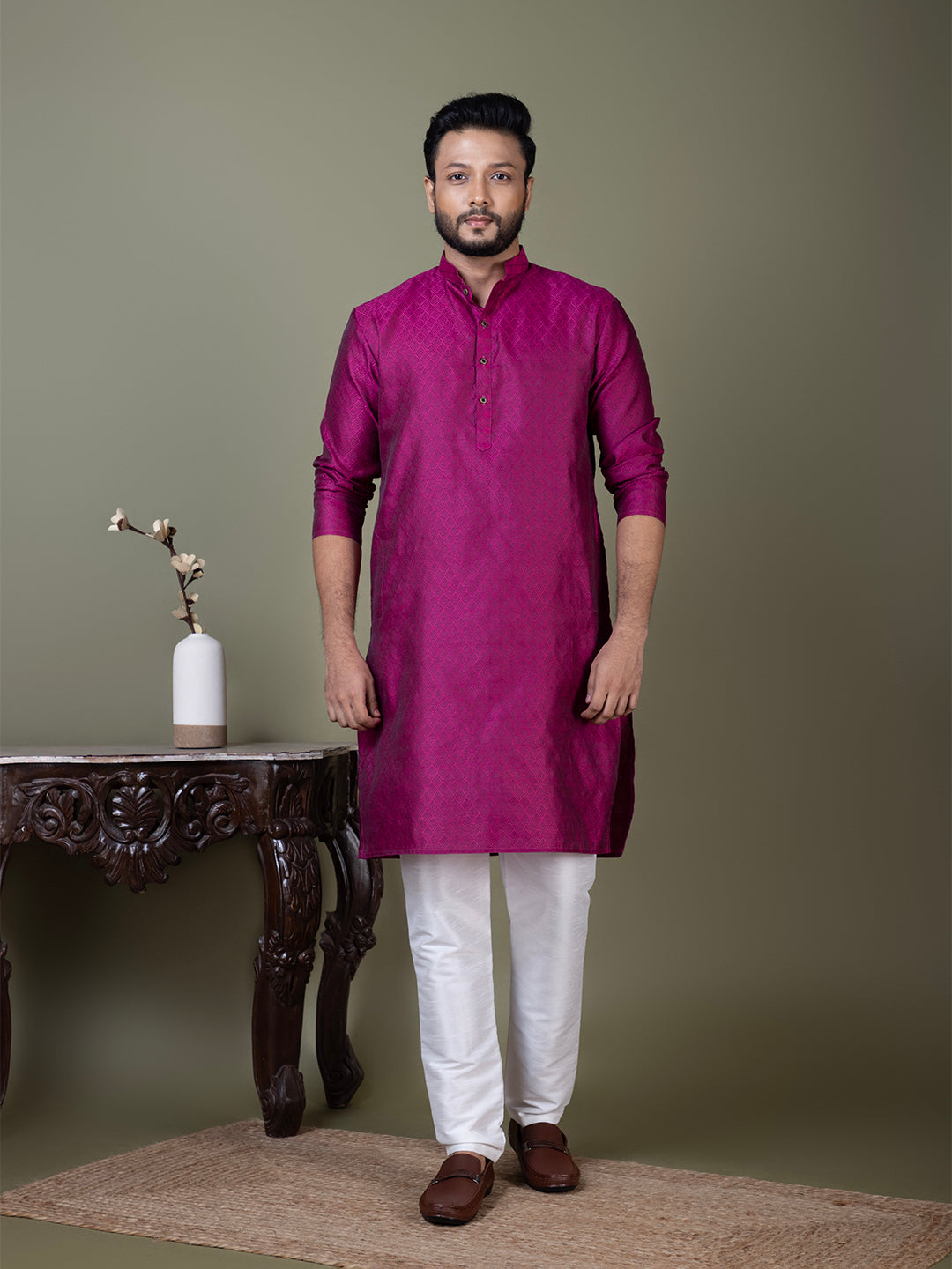 Mens Purple Self Design Jacquard Kurta