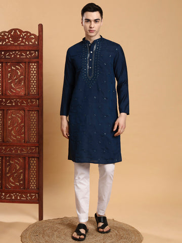 Mens Navy Blue Thread & Mirror Work Modal Silk Kurta