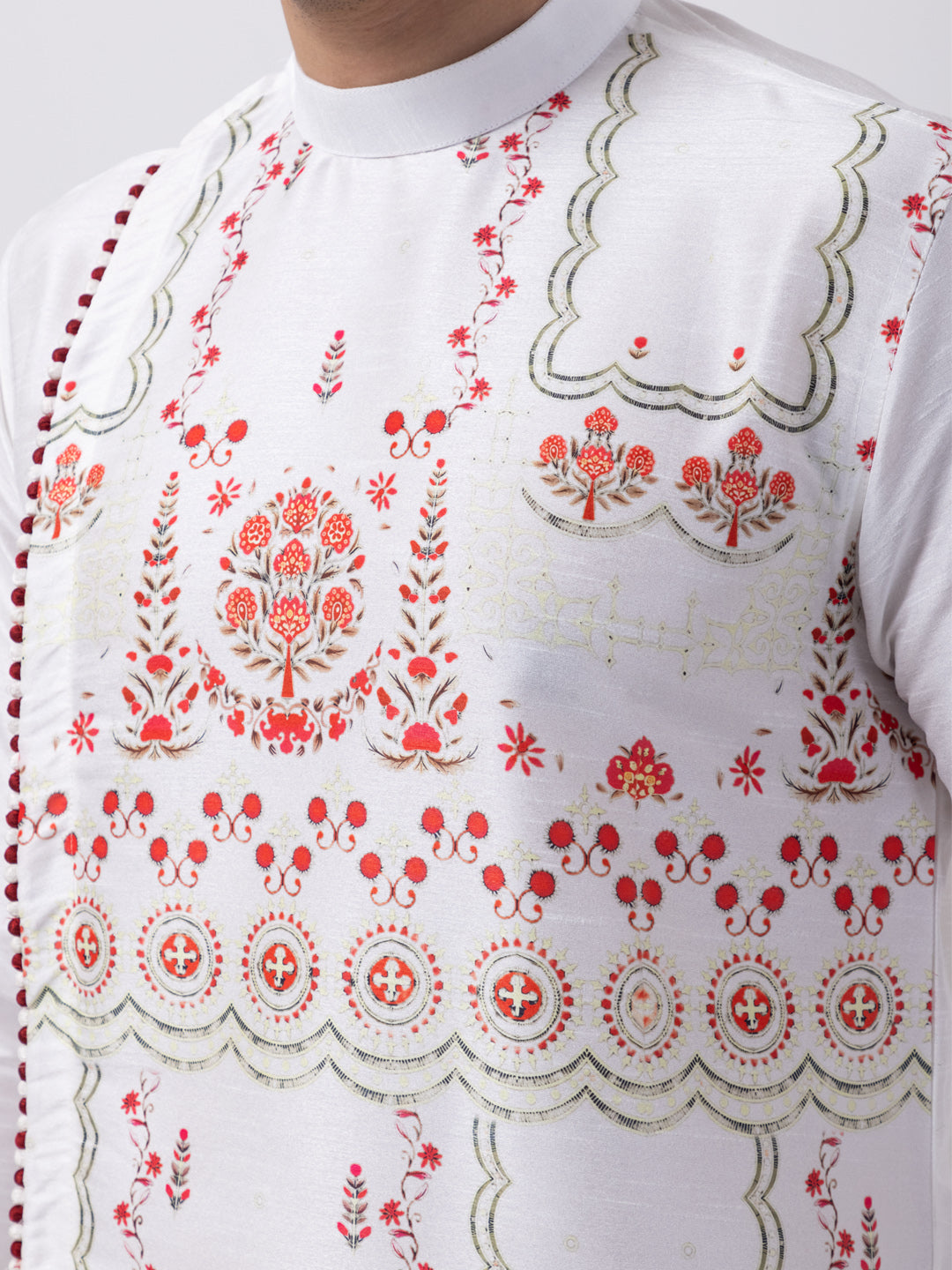 Mens White Ethnic Printed Premium Art Silk Kurta