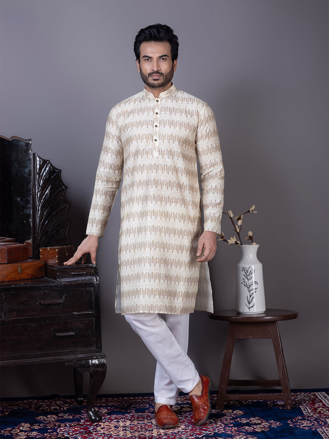 Mens Beige Sequins Work Cotton Silk Kurta