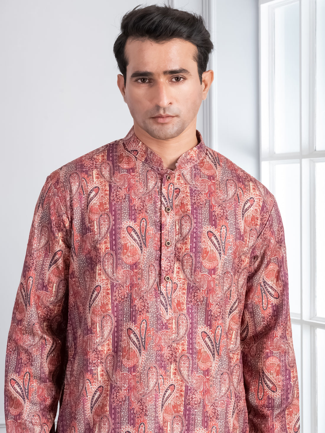 Mens Pink Sequins Embellished Cotton Kurta