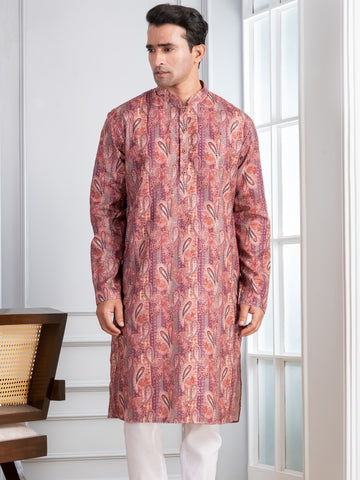 Mens Pink Sequins Embellished Cotton Kurta