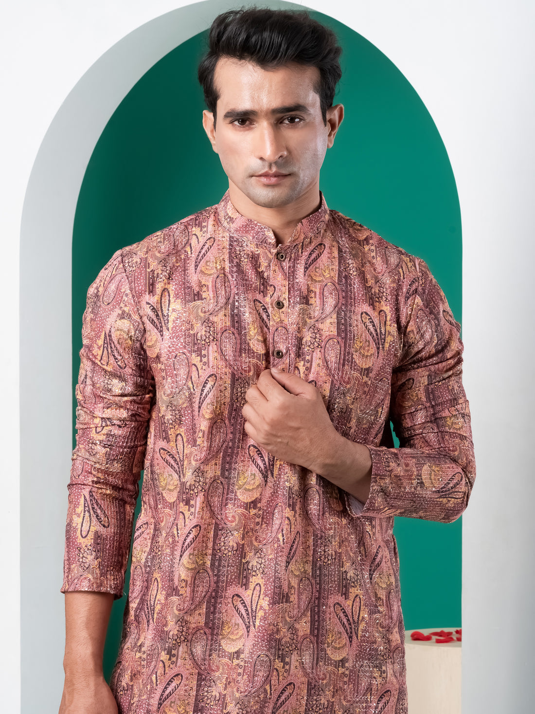 Mens Peach Sequins Embellished Cotton Kurta