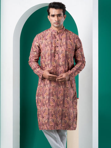 Mens Peach Sequins Embellished Cotton Kurta