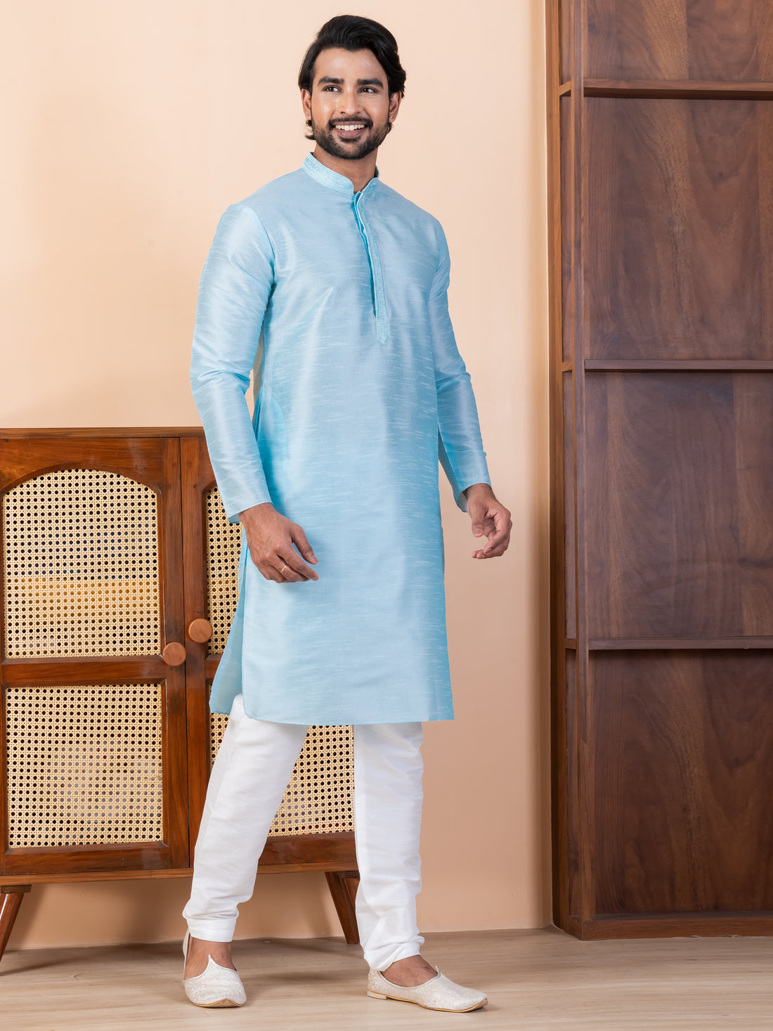 Mens Blue Embroidered Art Silk Kurta