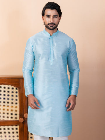 Mens Blue Embroidered Art Silk Kurta