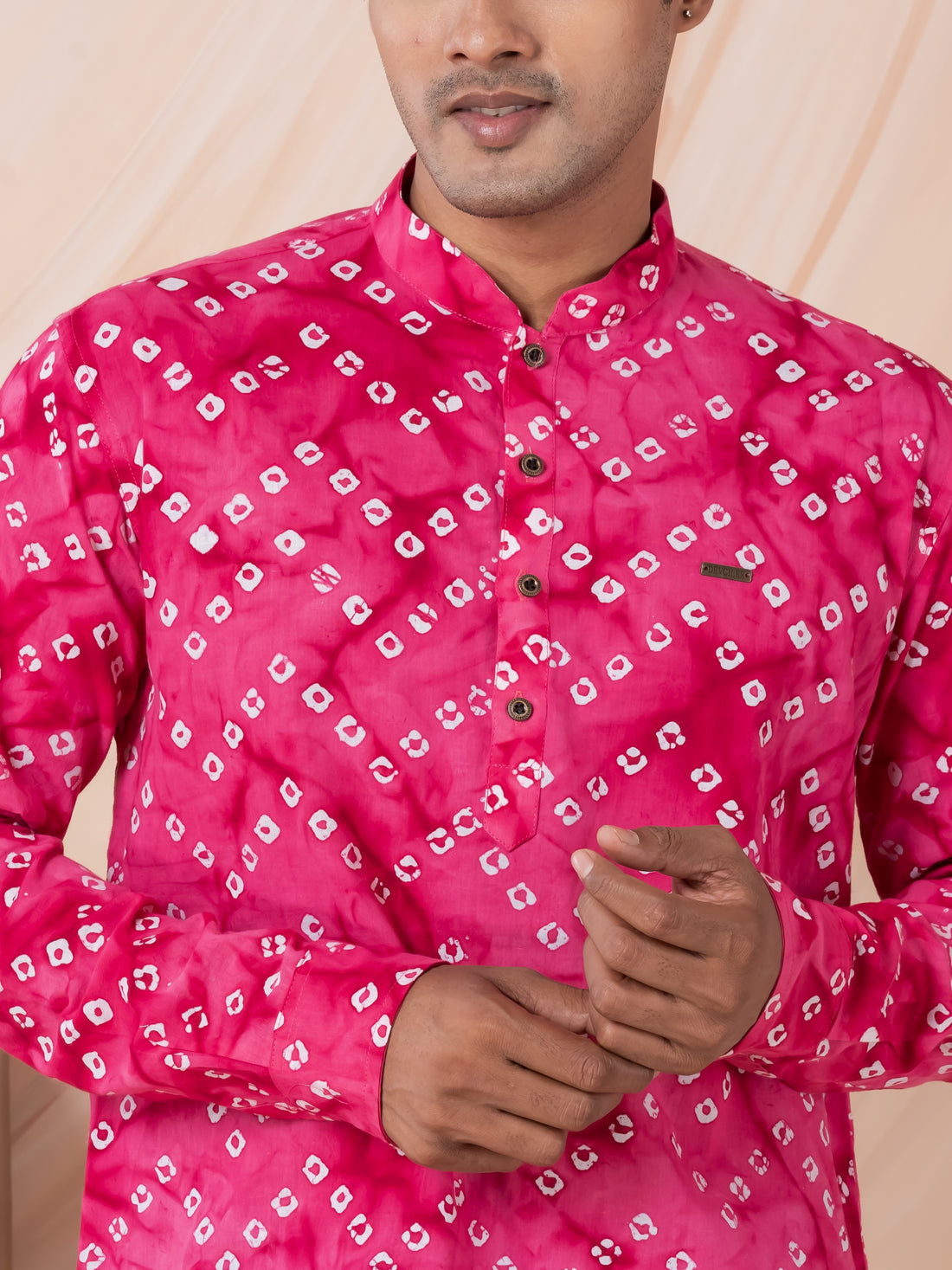 Mens Pink Bandhani Printed Cotton Short Kurta