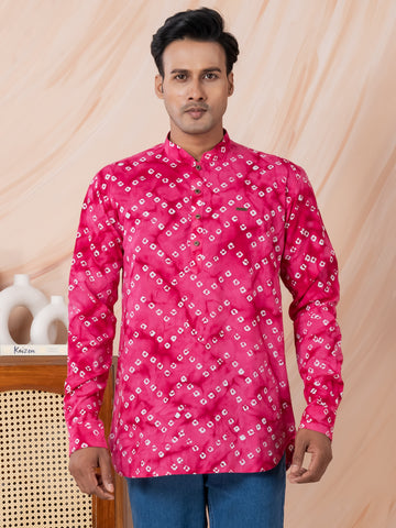 Mens Pink Bandhani Printed Cotton Short Kurta
