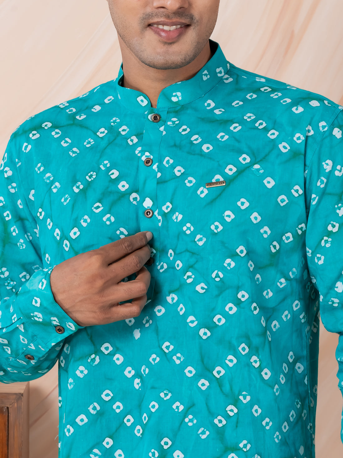 Mens Turquoise Bandhani Printed Cotton Short Kurta