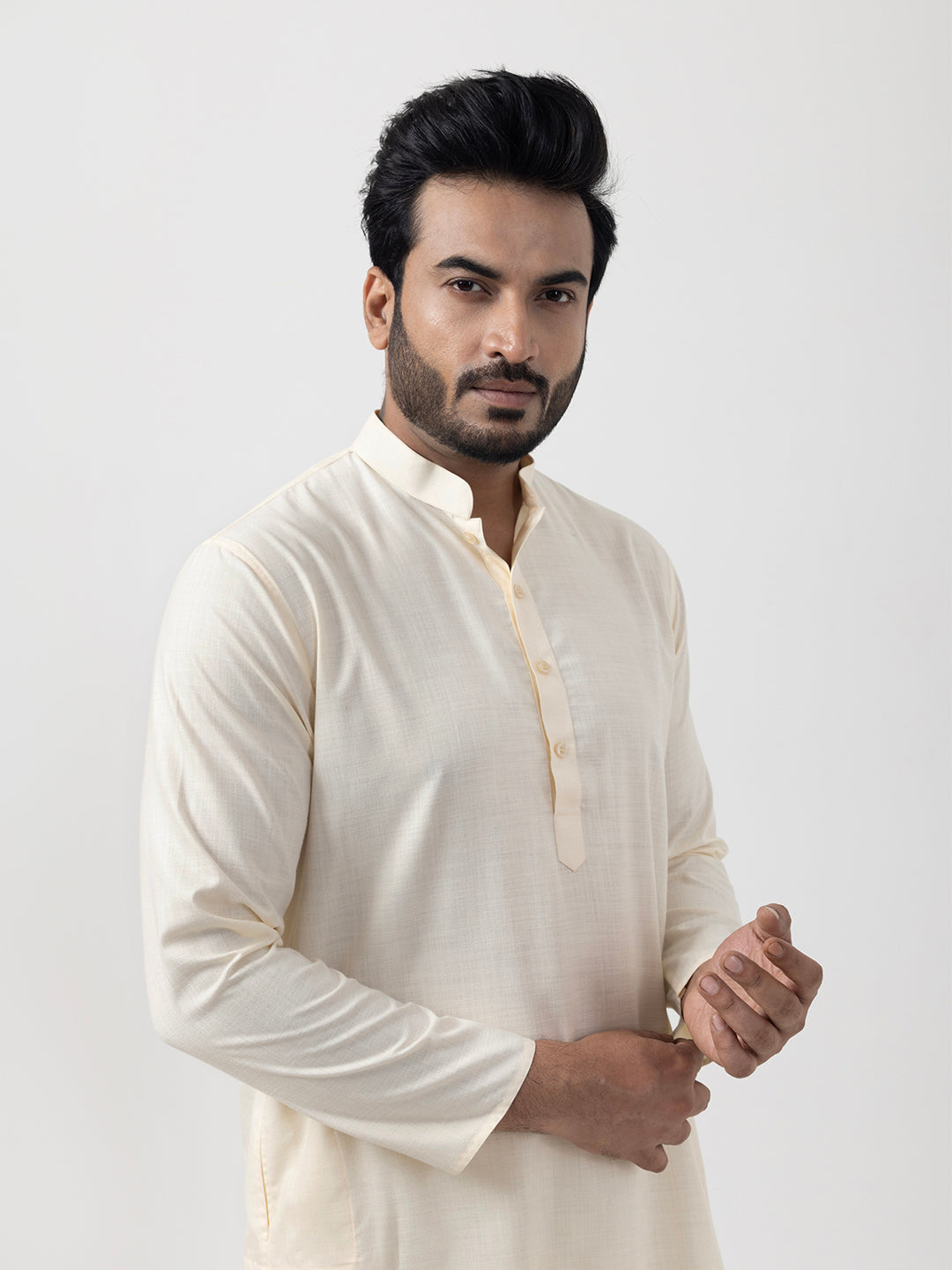 Mens Beige Plain Cotton Kurta
