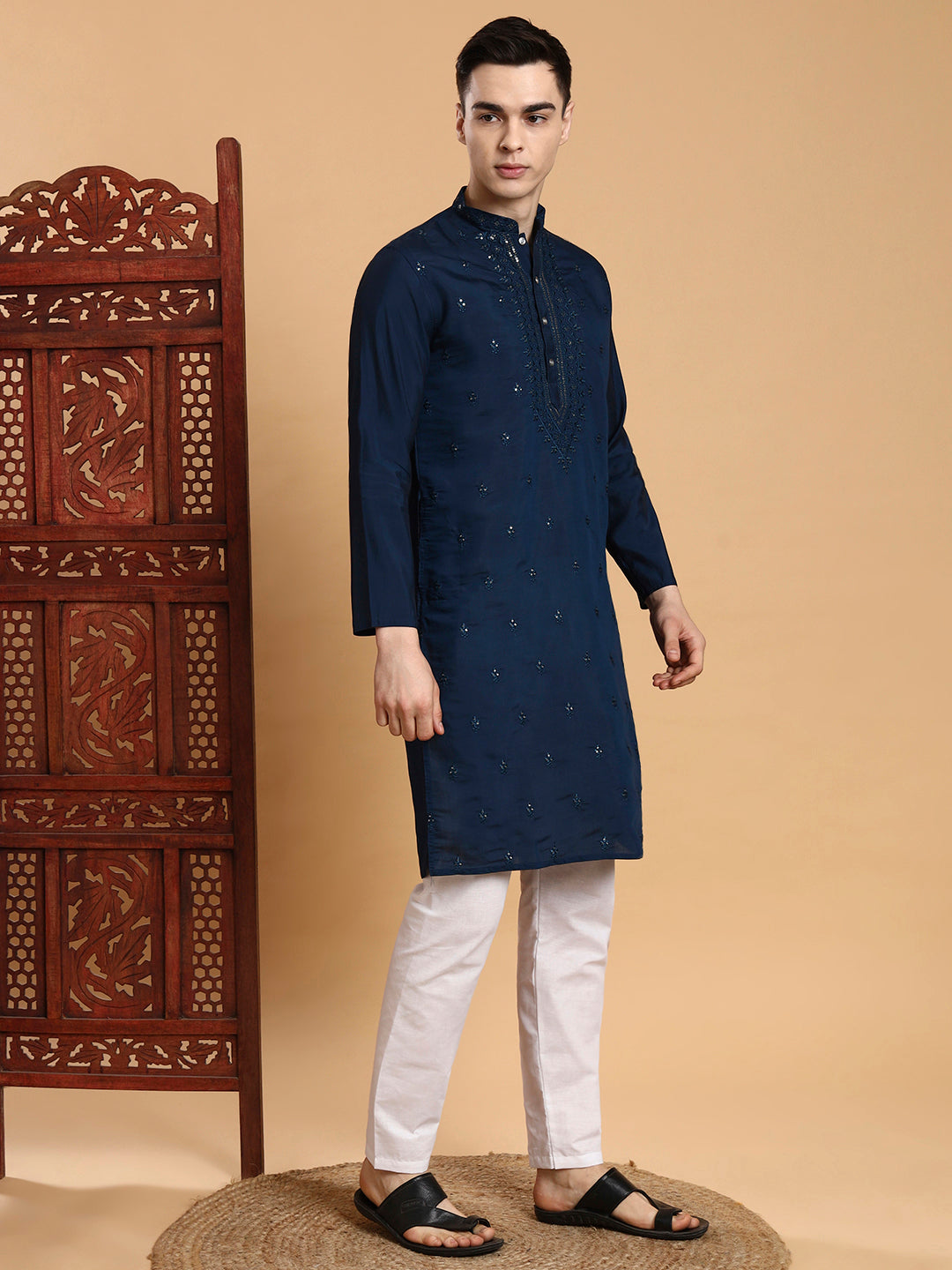 Mens Navy Blue Thread & Mirror Work Modal Silk Kurta