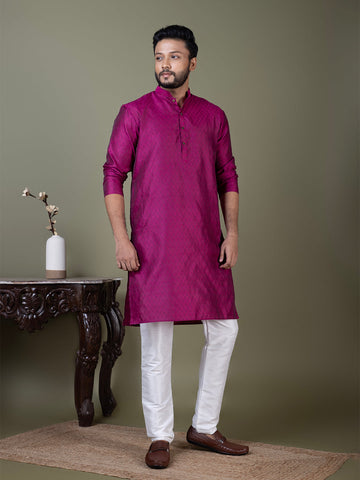 Mens Purple Self Design Jacquard Kurta