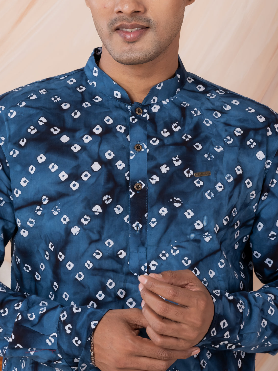 Mens Navy Blue Bandhani Printed Cotton Short Kurta
