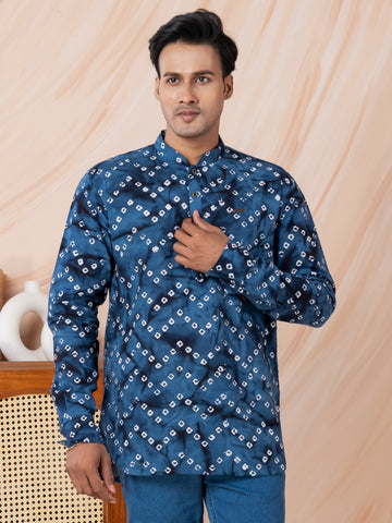 Mens Navy Blue Bandhani Printed Cotton Short Kurta