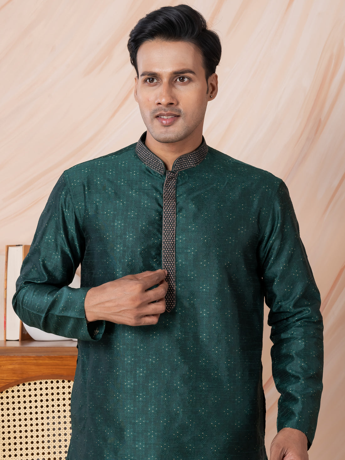 Mens Teal Green Self Design Jacquard Silk Kurta