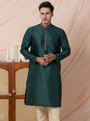 Mens Teal Green Self Design Jacquard Silk Kurta