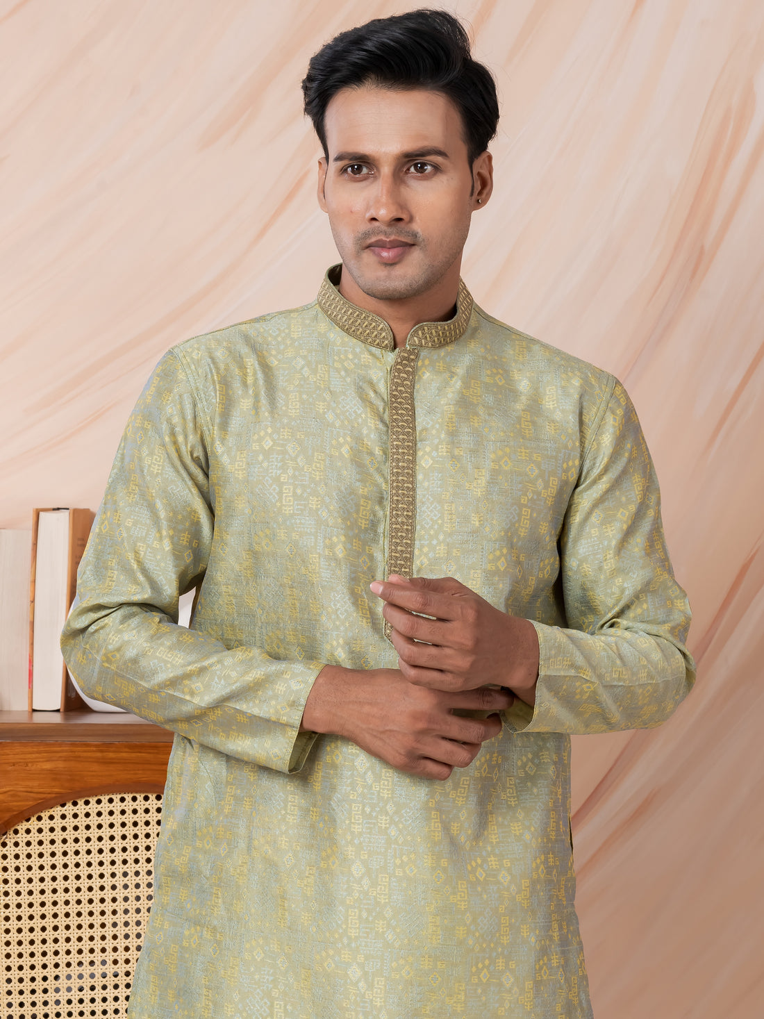 Mens Lime Green Self Design Jacquard Silk Kurta