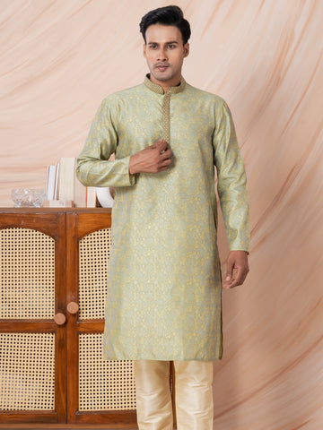 Mens Lime Green Self Design Jacquard Silk Kurta