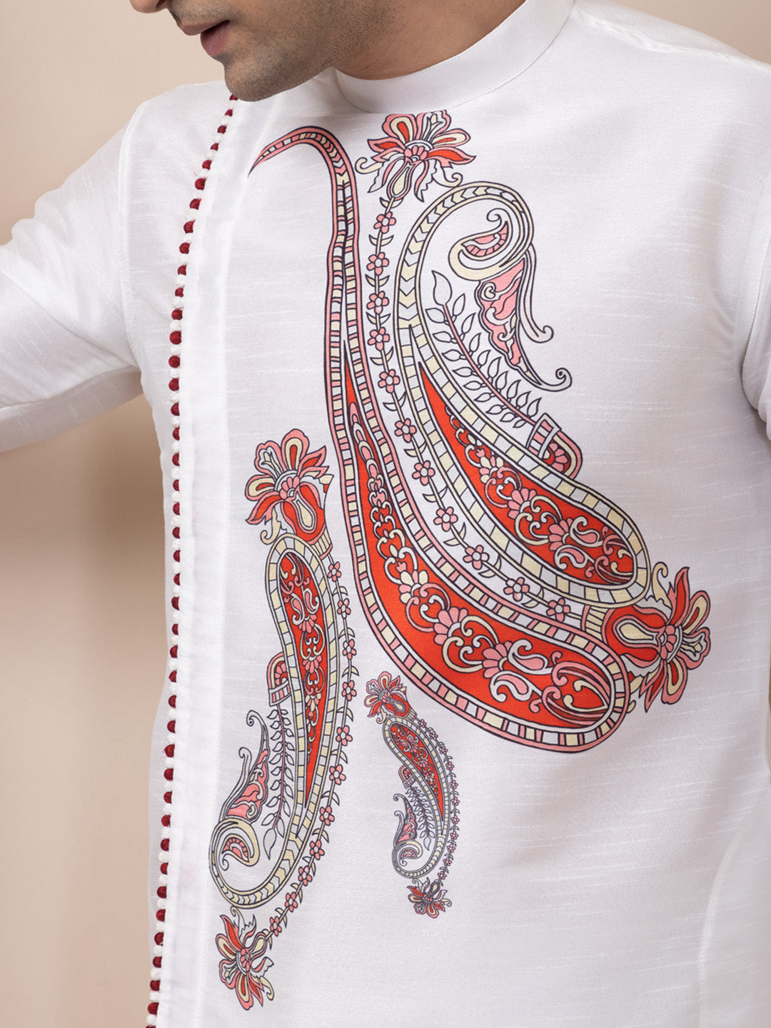Mens White Ethnic Printed Premium Art Silk Kurt
