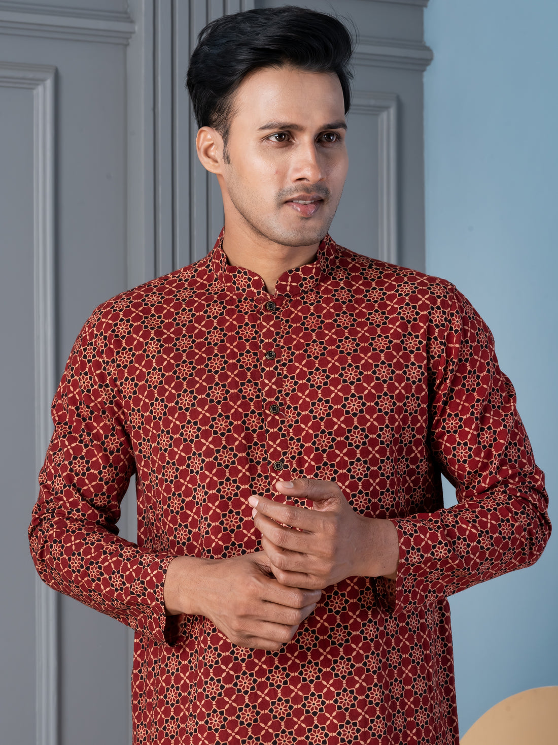 Mens Red All-Over Printed Cotton Kurta