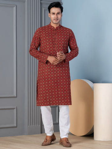 Mens Red All-Over Printed Cotton Kurta