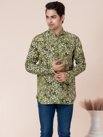 Mens Green Floral Printed Cotton Short Kurta