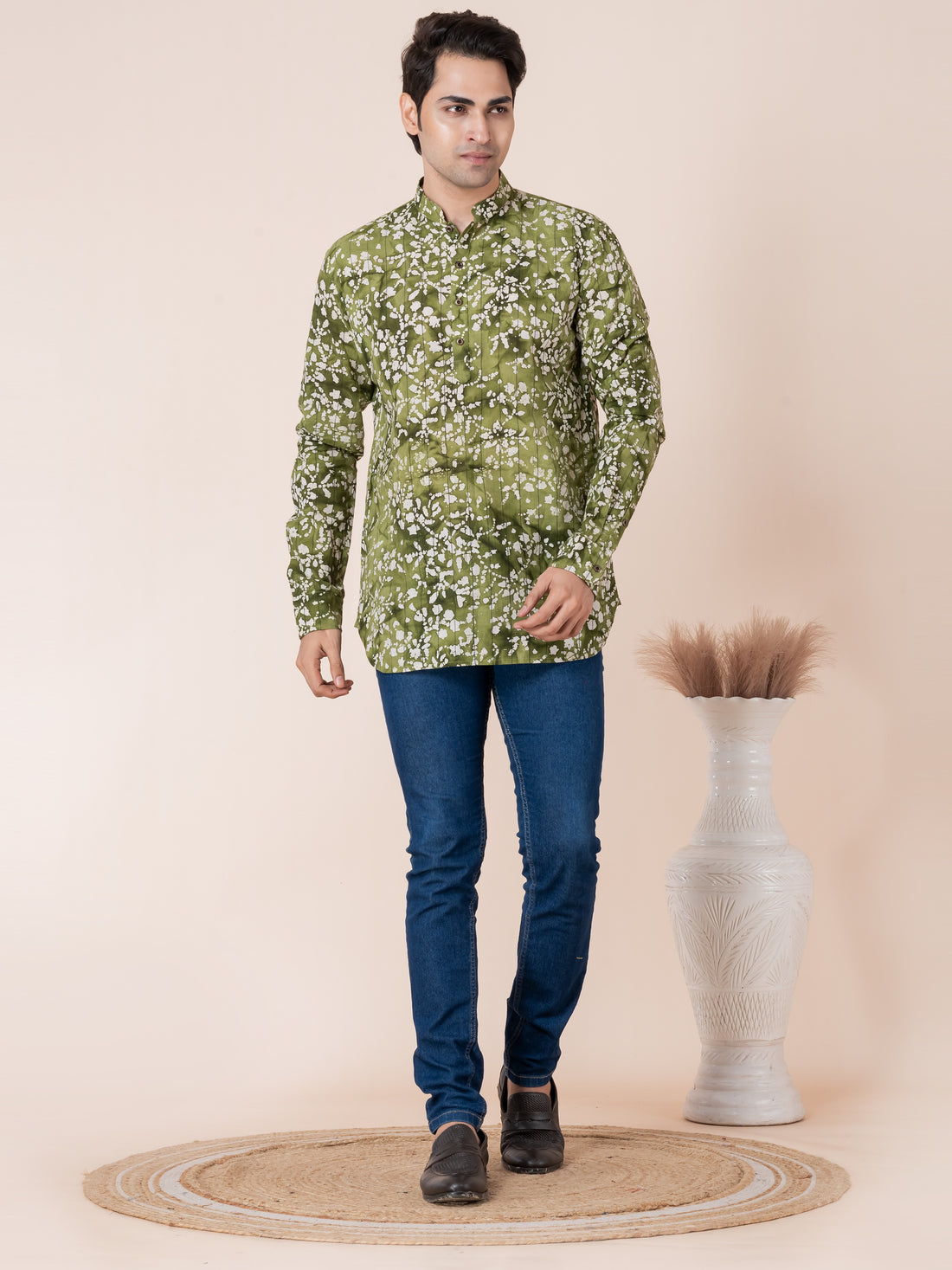 Mens Green Floral Printed Cotton Short Kurta
