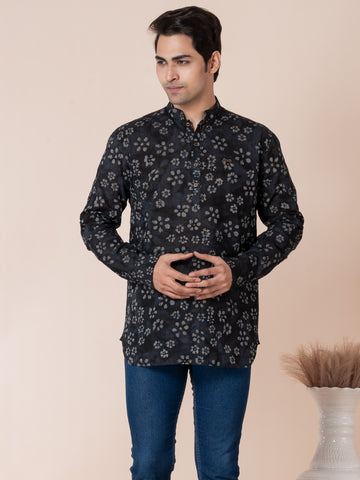 Mens Black Floral Printed Cotton Short Kurta