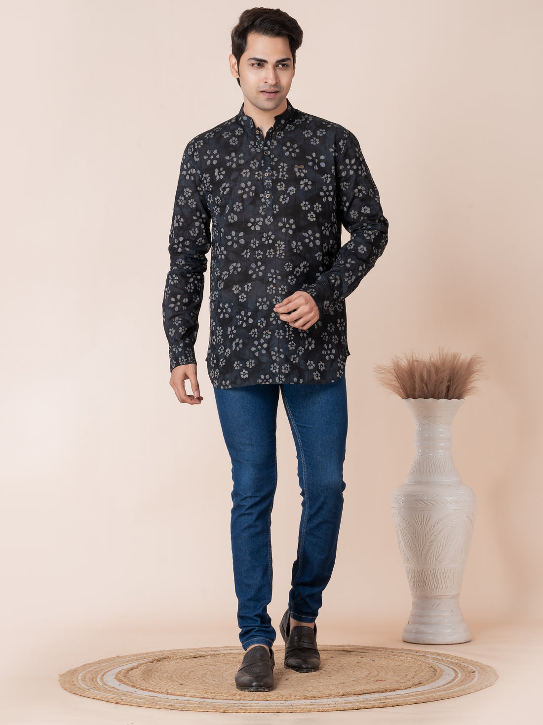 Mens Black Floral Printed Cotton Short Kurta
