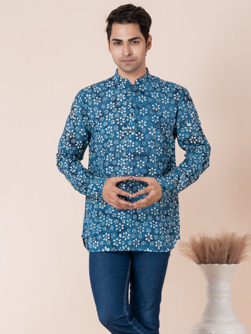 Mens Blue Floral Printed Cotton Short Kurta