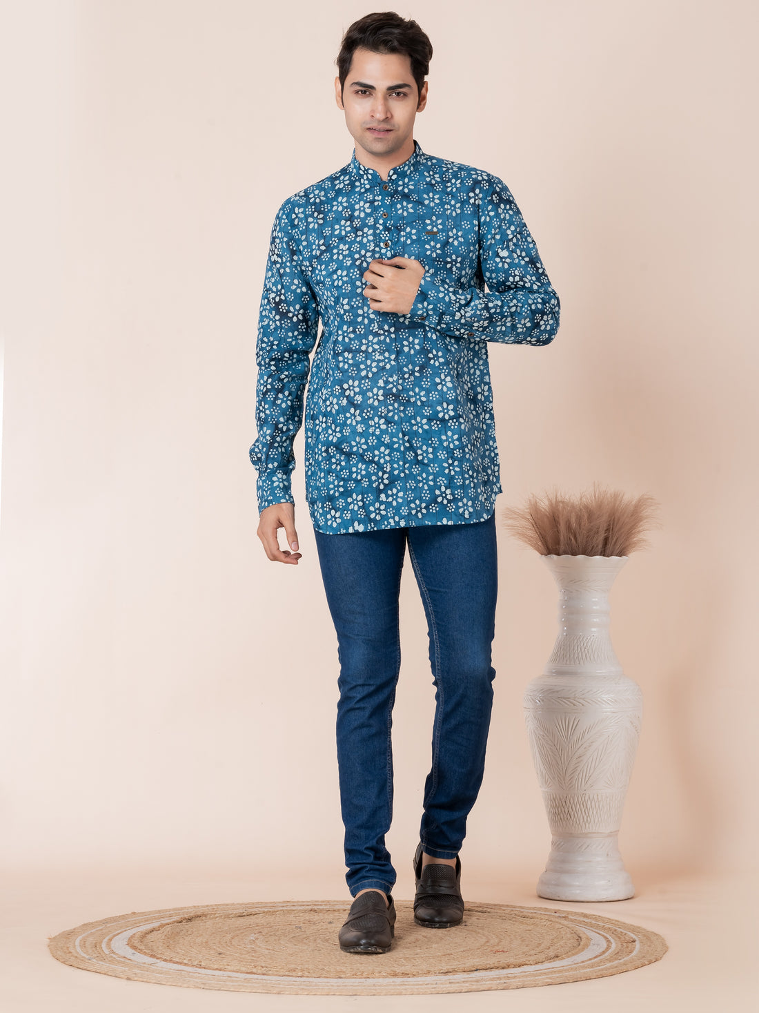 Mens Blue Floral Printed Cotton Short Kurta