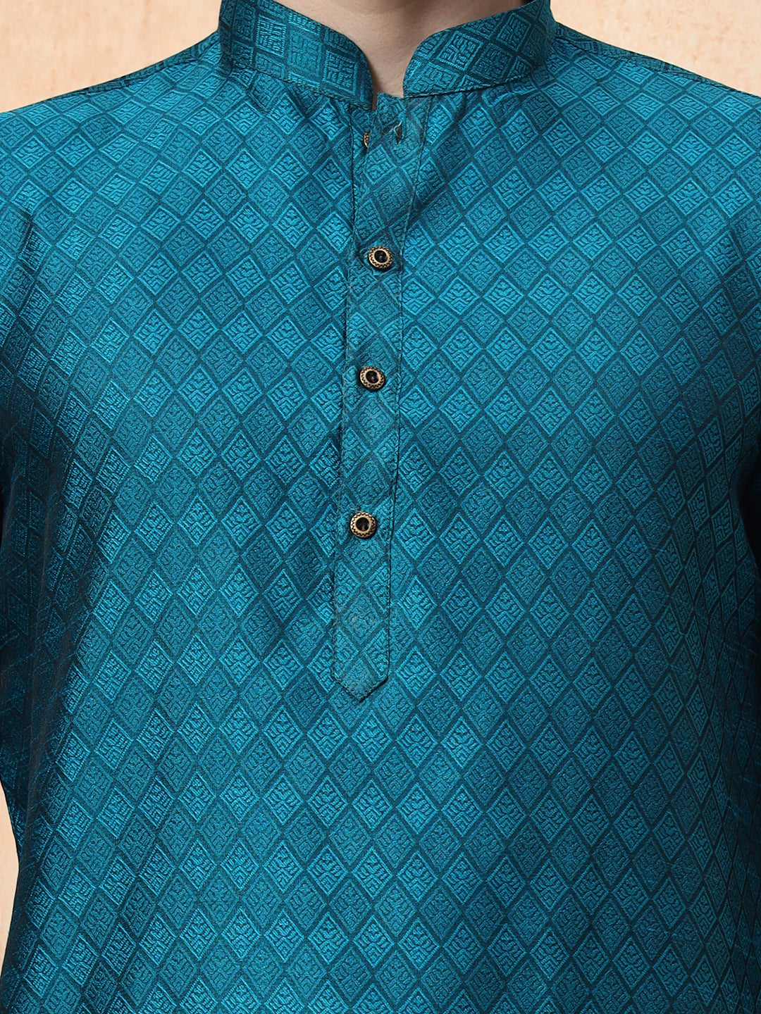 Mens Turquoise Blue Self Design Jacquard Kurta