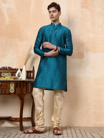 Mens Turquoise Blue Self Design Jacquard Kurta