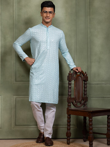 Mens Blue Sequins Work Viscose Rayon Kurta