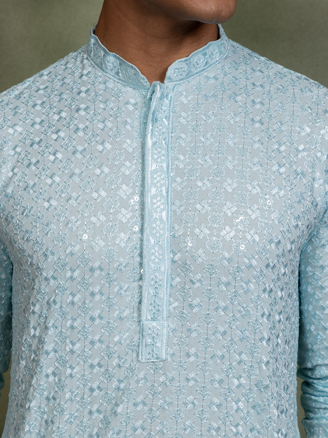 Mens Blue Sequins Work Viscose Rayon Kurta