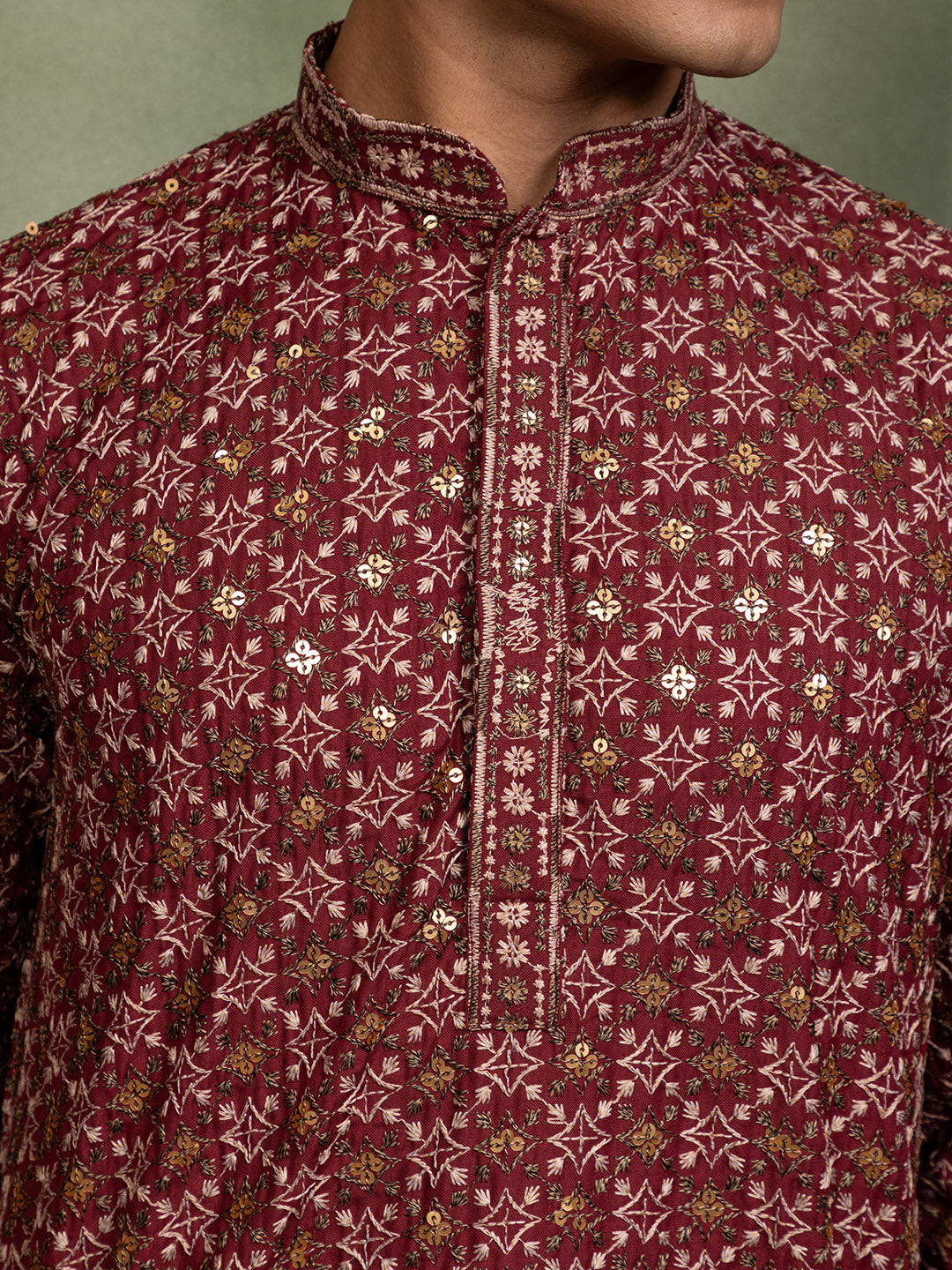Mens Maroon Embellished Cotton Kurta
