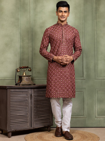 Mens Maroon Embellished Cotton Kurta