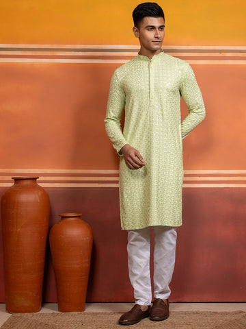 Mens Lime Green Sequins Work Viscose Rayon Kurta